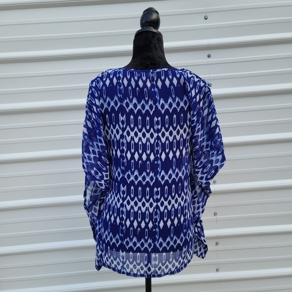 H&M SHEER Peasant BOHO Blouse Shirt Top 4 Small White Blue Kimono Sleeve Ruffle - Picture 3 of 10